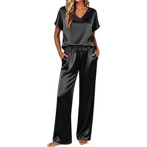 image:imageEkouaer Silk Pajamas for Women 2 Piece Satin Pjs Cap Short Sleeve Sleepwear V Neck Shirt Long Pant Lounge SetsBlack