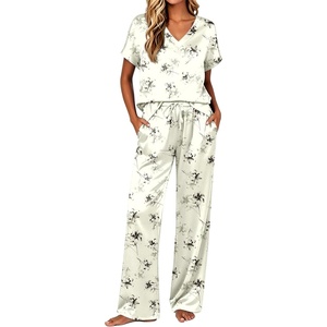 image:imageEkouaer Silk Pajamas for Women 2 Piece Satin Pjs Cap Short Sleeve Sleepwear V Neck Shirt Long Pant Lounge SetsBlack Flower