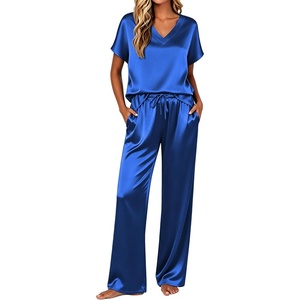 image:imageEkouaer Silk Pajamas for Women 2 Piece Satin Pjs Cap Short Sleeve Sleepwear V Neck Shirt Long Pant Lounge SetsBlue