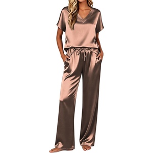 image:imageEkouaer Silk Pajamas for Women 2 Piece Satin Pjs Cap Short Sleeve Sleepwear V Neck Shirt Long Pant Lounge SetsBrown