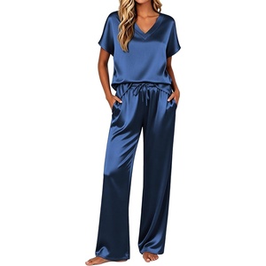 image:imageEkouaer Silk Pajamas for Women 2 Piece Satin Pjs Cap Short Sleeve Sleepwear V Neck Shirt Long Pant Lounge SetsNavy