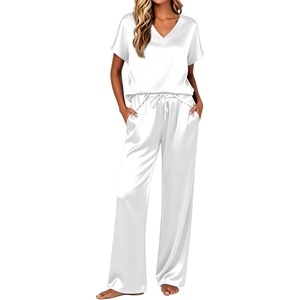 image:imageEkouaer Silk Pajamas for Women 2 Piece Satin Pjs Cap Short Sleeve Sleepwear V Neck Shirt Long Pant Lounge SetsWhitesheer