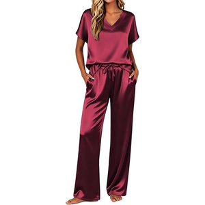 image:imageEkouaer Silk Pajamas for Women 2 Piece Satin Pjs Cap Short Sleeve Sleepwear V Neck Shirt Long Pant Lounge SetsWine