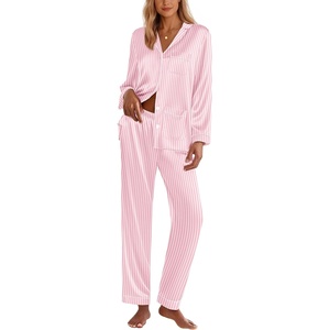 image:imageEkouaer Silk Pajamas for Women Classic Button Down Satin Pajama Sets Long Sleeve Lounge Set01 Pink Striped