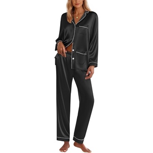 image:imageEkouaer Silk Pajamas for Women Classic Button Down Satin Pajama Sets Long Sleeve Lounge SetBlack