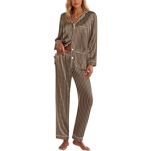 image:imageEkouaer Silk Pajamas for Women Classic Button Down Satin Pajama Sets Long Sleeve Lounge SetBlack Brown Stripe