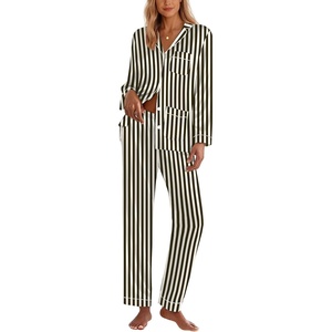 image:imageEkouaer Silk Pajamas for Women Classic Button Down Satin Pajama Sets Long Sleeve Lounge SetBlack Champagne Stripe