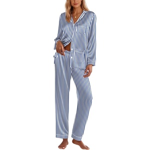 image:imageEkouaer Silk Pajamas for Women Classic Button Down Satin Pajama Sets Long Sleeve Lounge SetBlue White Stripe
