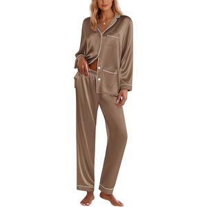 image:imageEkouaer Silk Pajamas for Women Classic Button Down Satin Pajama Sets Long Sleeve Lounge SetBrown