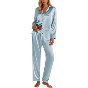 image:imageEkouaer Silk Pajamas for Women Classic Button Down Satin Pajama Sets Long Sleeve Lounge SetClear Blue