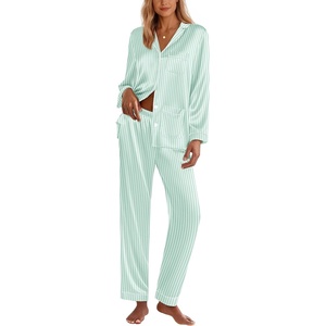 image:imageEkouaer Silk Pajamas for Women Classic Button Down Satin Pajama Sets Long Sleeve Lounge SetGreen Striped