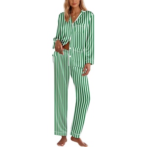 image:imageEkouaer Silk Pajamas for Women Classic Button Down Satin Pajama Sets Long Sleeve Lounge SetGreen White Stripe