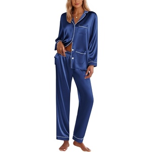 image:imageEkouaer Silk Pajamas for Women Classic Button Down Satin Pajama Sets Long Sleeve Lounge SetNavy