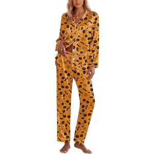 image:imageEkouaer Silk Pajamas for Women Classic Button Down Satin Pajama Sets Long Sleeve Lounge SetPumpkin Halloween Pattern
