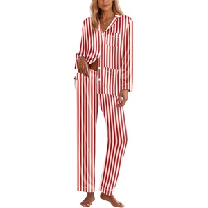 image:imageEkouaer Silk Pajamas for Women Classic Button Down Satin Pajama Sets Long Sleeve Lounge SetRed White Stripe
