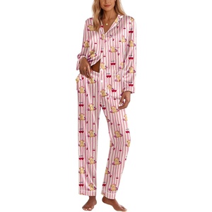 image:imageEkouaer Silk Pajamas for Women Classic Button Down Satin Pajama Sets Long Sleeve Lounge SetTeddy Cherry Striped