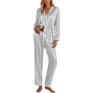 image:imageEkouaer Silk Pajamas for Women Classic Button Down Satin Pajama Sets Long Sleeve Lounge SetWhite Black Stripe