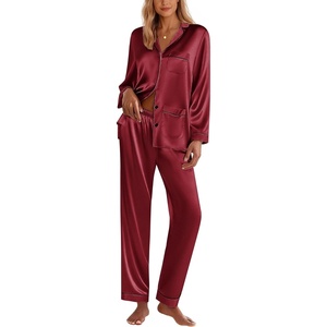 image:imageEkouaer Silk Pajamas for Women Classic Button Down Satin Pajama Sets Long Sleeve Lounge SetWine Red