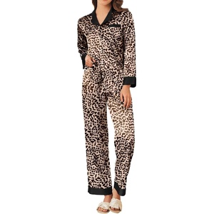 image:imageEkouaer Silk Pajamas for Women Long Sleeve Satin Pajama Set Silky Pj Sets 2 Piece Button Down Loungewear SleepwearApricot Black Leopard