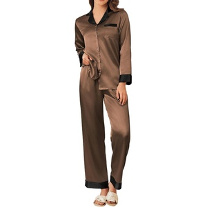 image:imageEkouaer Silk Pajamas for Women Long Sleeve Satin Pajama Set Silky Pj Sets 2 Piece Button Down Loungewear SleepwearBrown