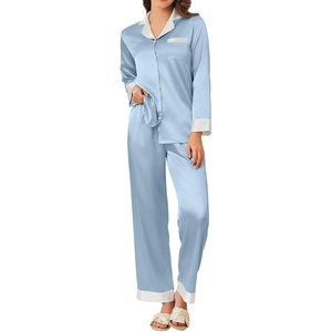 image:imageEkouaer Silk Pajamas for Women Long Sleeve Satin Pajama Set Silky Pj Sets 2 Piece Button Down Loungewear SleepwearLight Blue