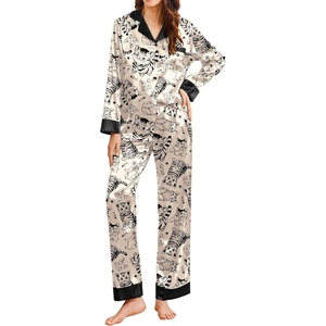 image:imageEkouaer Silk Pajamas for Women Long Sleeve Satin Pajama Set Silky Pj Sets 2 Piece Button Down Loungewear SleepwearLine Art Cat and Fishbone
