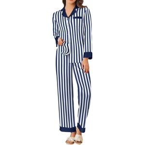 image:imageEkouaer Silk Pajamas for Women Long Sleeve Satin Pajama Set Silky Pj Sets 2 Piece Button Down Loungewear SleepwearNavy Blue Stripes