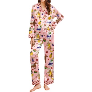 image:imageEkouaer Silk Pajamas for Women Long Sleeve Satin Pajama Set Silky Pj Sets 2 Piece Button Down Loungewear SleepwearPink Fruit Puppypineapplegrape and Banana