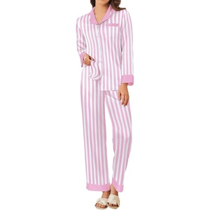 image:imageEkouaer Silk Pajamas for Women Long Sleeve Satin Pajama Set Silky Pj Sets 2 Piece Button Down Loungewear SleepwearPink Stripes
