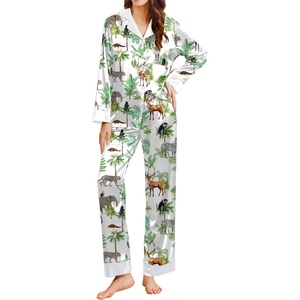 image:imageEkouaer Silk Pajamas for Women Long Sleeve Satin Pajama Set Silky Pj Sets 2 Piece Button Down Loungewear SleepwearSafari Animalzebraelk and Elephant