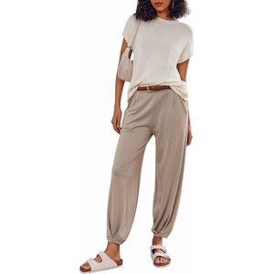 image:imageEkouaer Two Piece Outfits Lounge Sets for Women Sweater Sets Knit Short Sleeve Tops Jogger Pants Matching TracksuitBeige