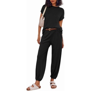 image:imageEkouaer Two Piece Outfits Lounge Sets for Women Sweater Sets Knit Short Sleeve Tops Jogger Pants Matching TracksuitBlack
