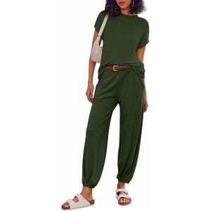 image:imageEkouaer Two Piece Outfits Lounge Sets for Women Sweater Sets Knit Short Sleeve Tops Jogger Pants Matching TracksuitGreen