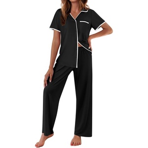 image:imageEkouaer Women Pajamas Button Down Notch Collar Soft Short Sleeve Pjs with Long Pant Lounge SetBlack