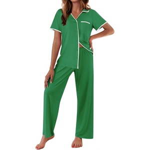 image:imageEkouaer Women Pajamas Button Down Notch Collar Soft Short Sleeve Pjs with Long Pant Lounge SetBright Green