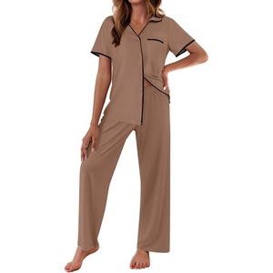 image:imageEkouaer Women Pajamas Button Down Notch Collar Soft Short Sleeve Pjs with Long Pant Lounge SetBrown