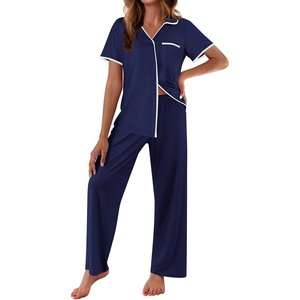 image:imageEkouaer Women Pajamas Button Down Notch Collar Soft Short Sleeve Pjs with Long Pant Lounge SetNavy Blue