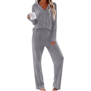image:imageEkouaer Women Pajamas Set Long Sleeve Sleepwear Button Down Pjs Soft 2 Piece Loungewear with Long PantsAgrey