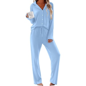 image:imageEkouaer Women Pajamas Set Long Sleeve Sleepwear Button Down Pjs Soft 2 Piece Loungewear with Long PantsAlight Blue
