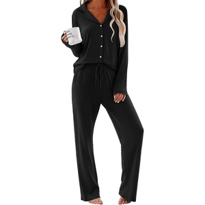 image:imageEkouaer Women Pajamas Set Long Sleeve Sleepwear Button Down Pjs Soft 2 Piece Loungewear with Long PantsBlack