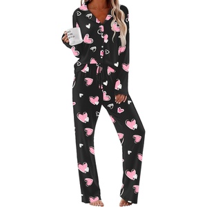 image:imageEkouaer Women Pajamas Set Long Sleeve Sleepwear Button Down Pjs Soft 2 Piece Loungewear with Long PantsBlack With Pink Hearts