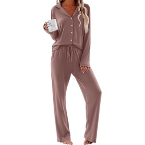 image:imageEkouaer Women Pajamas Set Long Sleeve Sleepwear Button Down Pjs Soft 2 Piece Loungewear with Long PantsBrown