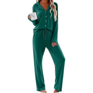 image:imageEkouaer Women Pajamas Set Long Sleeve Sleepwear Button Down Pjs Soft 2 Piece Loungewear with Long PantsDark Green