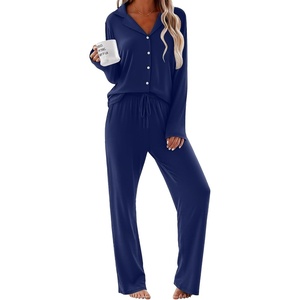 image:imageEkouaer Women Pajamas Set Long Sleeve Sleepwear Button Down Pjs Soft 2 Piece Loungewear with Long PantsNavy Blue