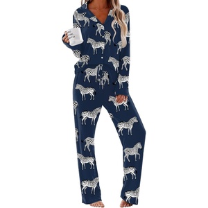 image:imageEkouaer Women Pajamas Set Long Sleeve Sleepwear Button Down Pjs Soft 2 Piece Loungewear with Long PantsNavy Zebra