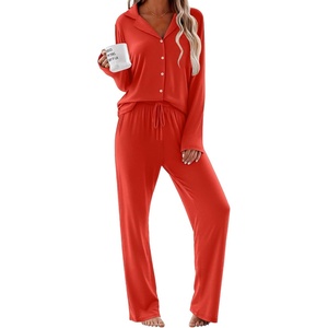 image:imageEkouaer Women Pajamas Set Long Sleeve Sleepwear Button Down Pjs Soft 2 Piece Loungewear with Long PantsRed