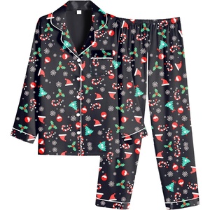image:imageEkouaer Women Satin Pajamas Set Classic Button Down Long Pjs SetBlack Christmas Pattern 02