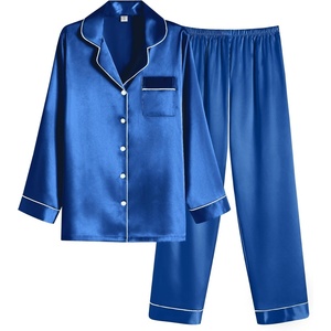 image:imageEkouaer Women Satin Pajamas Set Classic Button Down Long Pjs SetBlue 02