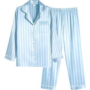 image:imageEkouaer Women Satin Pajamas Set Classic Button Down Long Pjs SetBlue Stripes 02