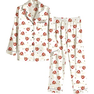 image:imageEkouaer Women Satin Pajamas Set Classic Button Down Long Pjs SetChristmas Teddy 02